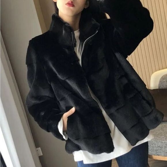 Black faux mink fur coat jacket - Picture 1 of 3